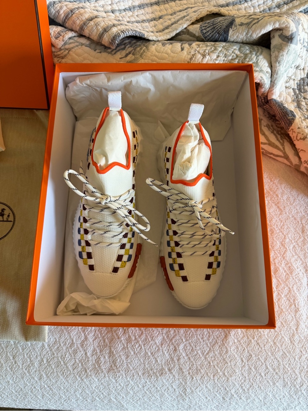 Hermes Women’s Cream Knit Sneakers with Orange Trim and Multicolor Weave